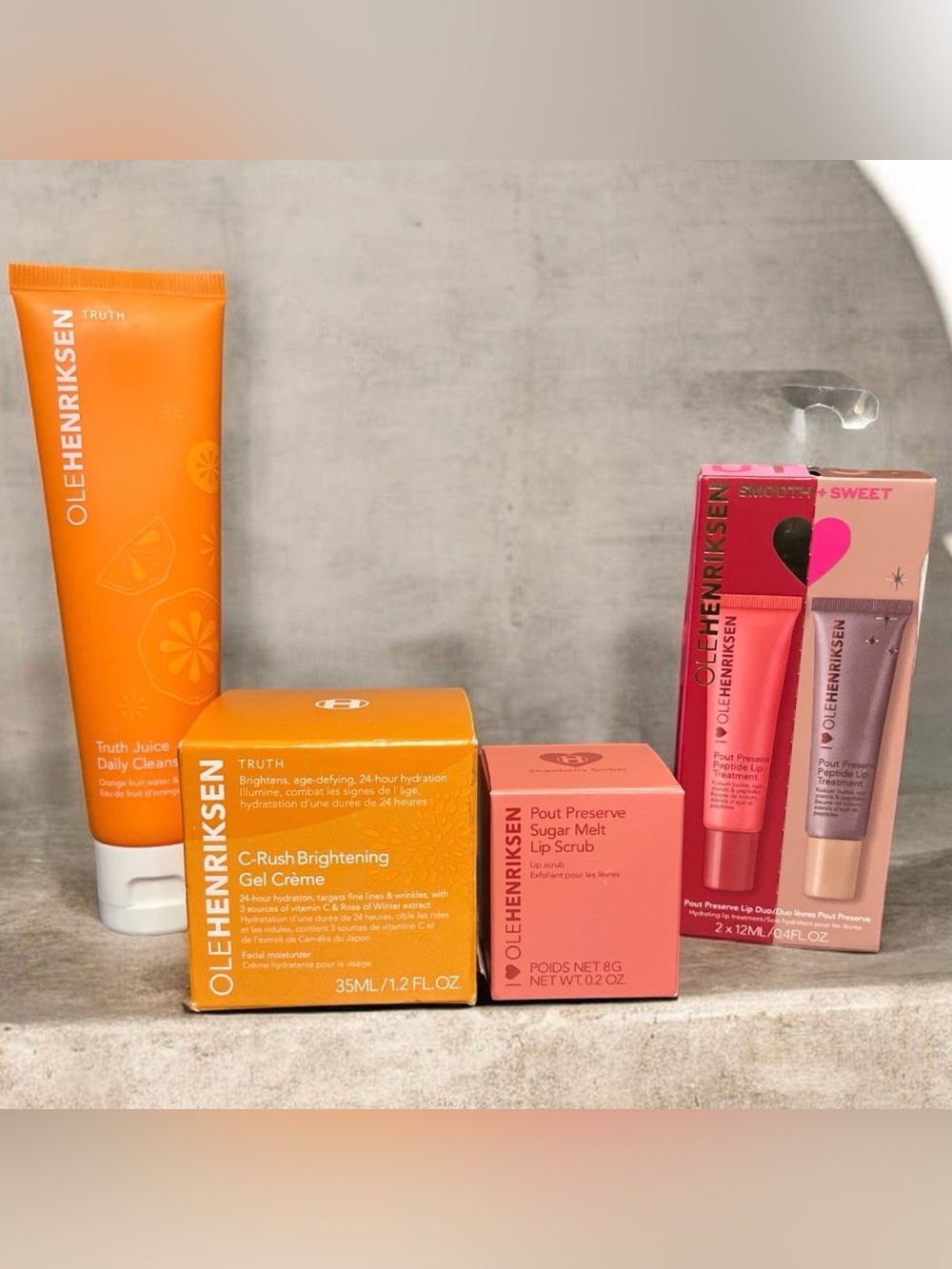 Ole Henriksen Skincare & Lip Care 4-Piece Bundle C-Rush Truth Juice Pout Preserv